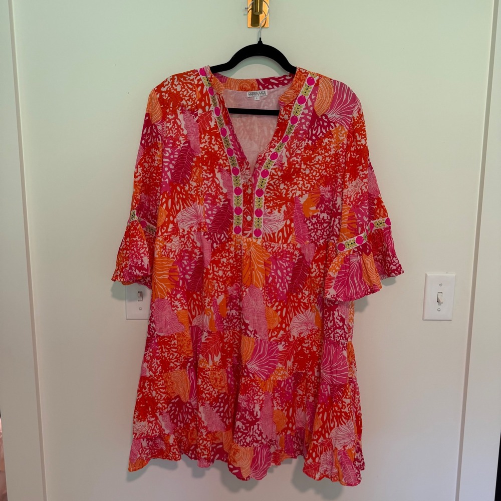 Debbie Katz South Beach Pink Orange Tropical Shell Print Tiered‎ Mini Dress L